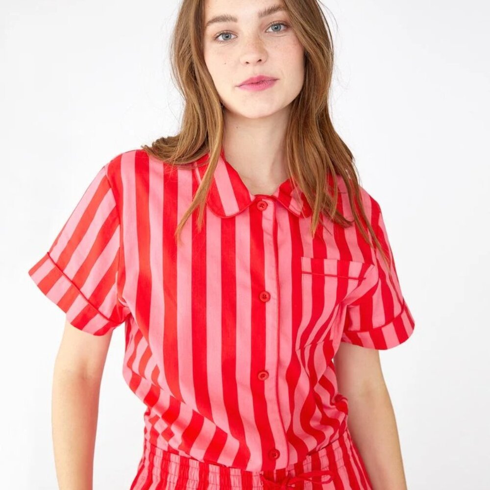 ban.do short-sleeve button-down pajama shirt, pink striped, Small